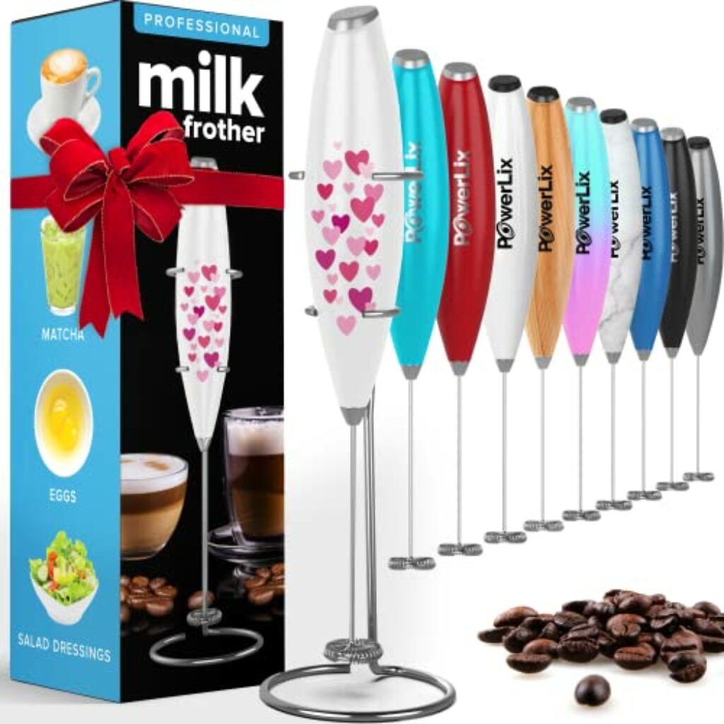 PowerLix Milchaufschäumer Stab, Milchschäumer Elektrisch - mit Edelstahlständer 15-20s, 19000 U/min, Batteriebetriebener Milk Frother für Kaffee, Latte, Cappuccino, Heiß & Kalte Schokolade, Herzen