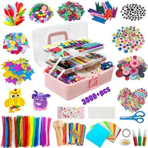 Withosent Bastelset Kinder, 3000+PCS DIY Basteln Kinder Bastelsachen, Bastelsets für Kinderbastelkoffer, Bastelzubehör Kinder Pfeifenreiniger, EIS am Stiel, Pompons, Perlen, Scrapbooking