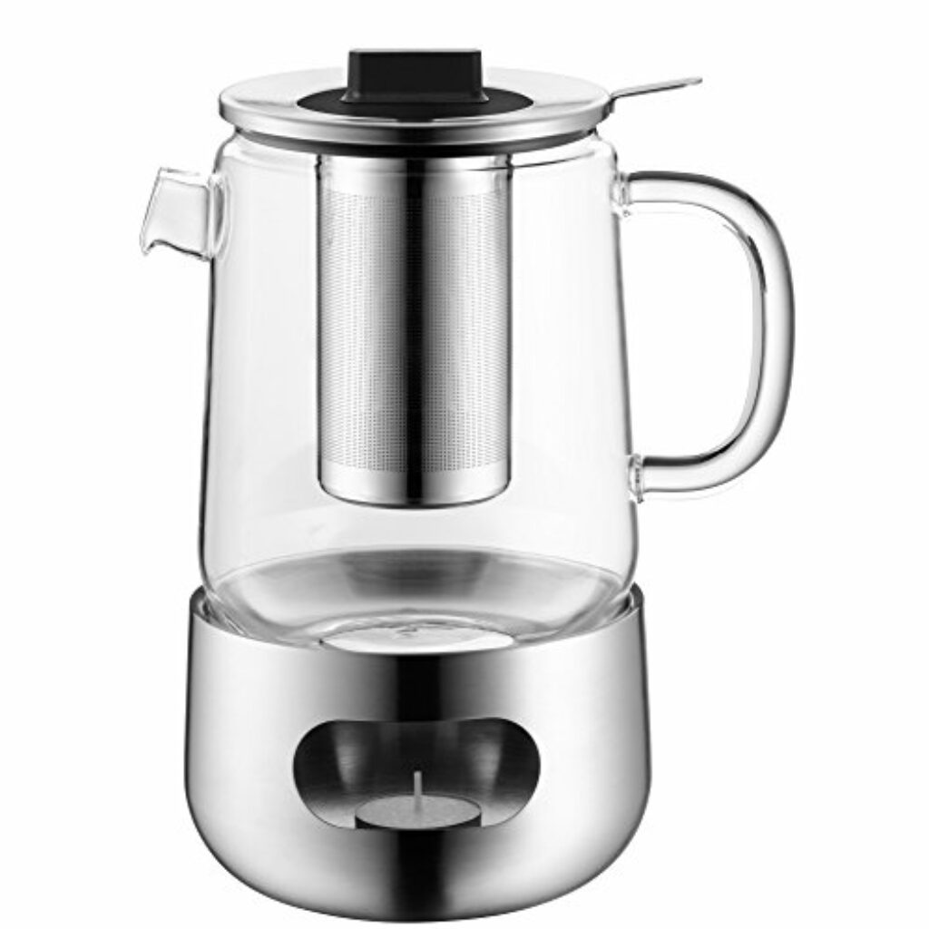 WMF SensiTea Teekanne mit Stövchen Set 3-teilig, Cromargan Edelstahl, Glaskanne 1,3l mit Siebeinsatz und Stövchen, spülmaschinegeeignet