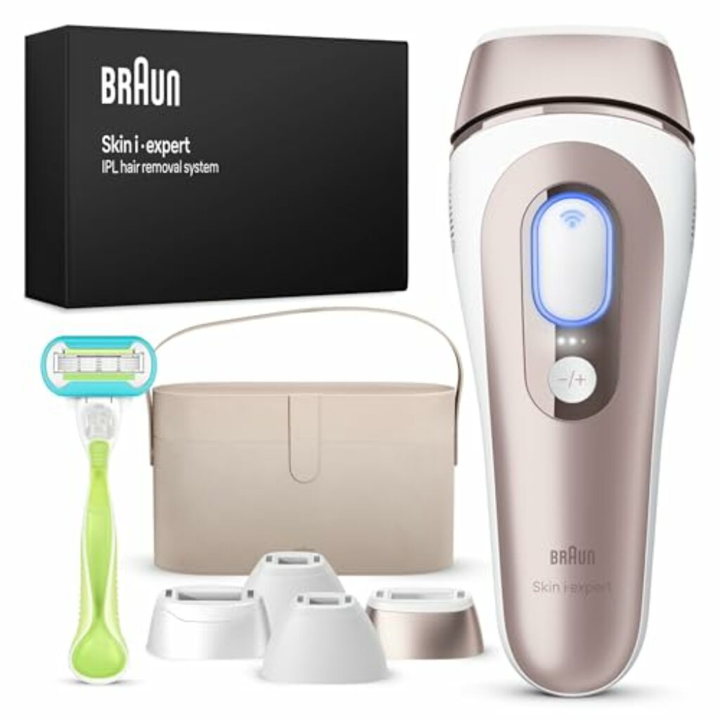 Braun Smart IPL Skin i·expert, Haarentfernung für zu Hause, Gratis App, Aufbewahrungstasche, Venus Rasierer, 4 Aufsätze, PL7387
