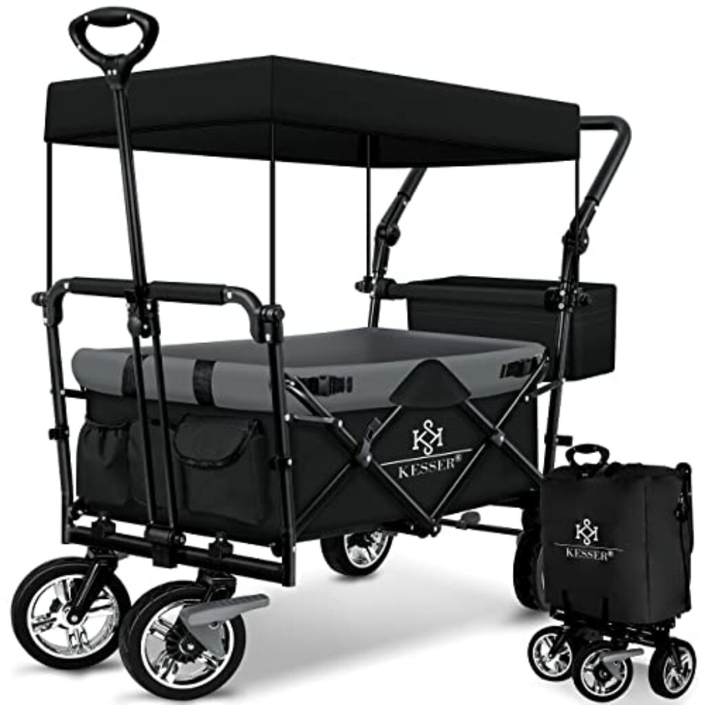 KESSER® Bollerwagen faltbar GT9000 mit Dach Handwagen Transportwagen | inkl. 2X 3-Punkt Gurtsystem| klappbar | Vollgummi-Reifen | bis 80 kg | Vorder- und Hinter-Bremse + Tragetasche Schwarz/Grau