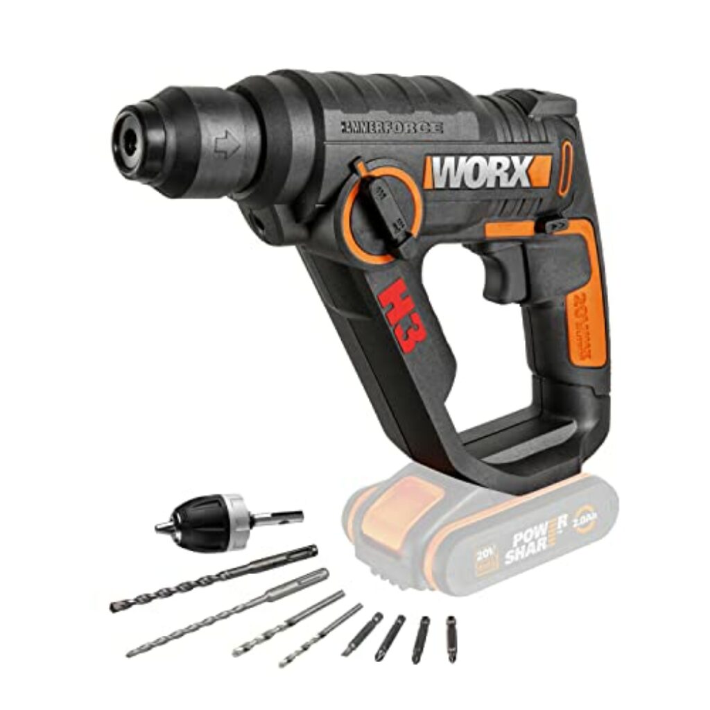 WORX WX390.9 Bohrhammer SDS-plus 20V – Kraftvolle Bohrmaschine mit pneumatischem Hammerwerk & Zweithandgriff - ideal zum Schrauben, Bohren & Hämmern – 1,2J Schlagenergie – Ohne Akku & Ladegerät