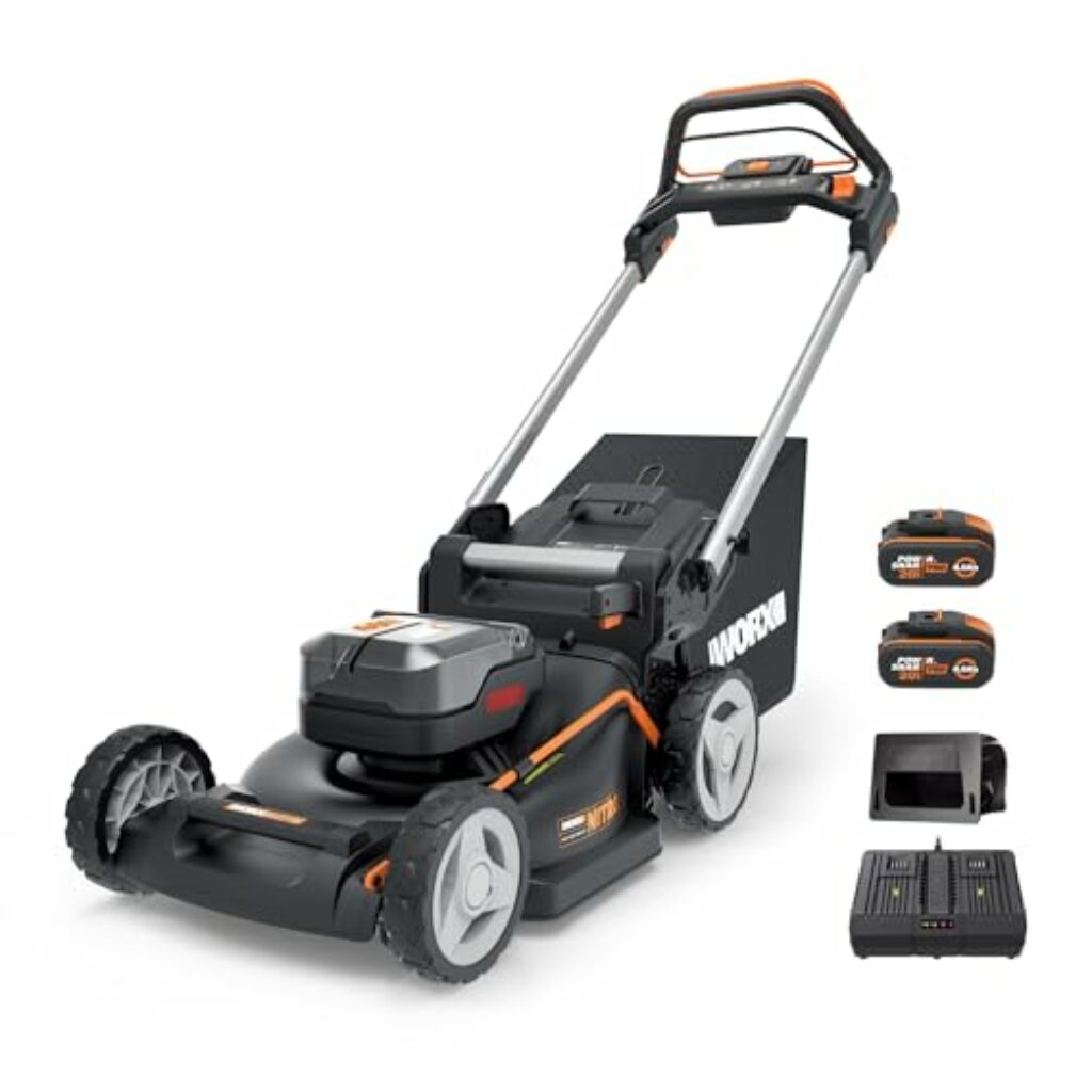 WORX WG749E Akku Rasenmäher 40V (2x20V) PowerShare, Radantrieb, Kraftvoller Bürstenloser Motor, 46cm Schnittbreite, 7 Schnitthöhen inkl. Akku und Ladegerät, Schwarz