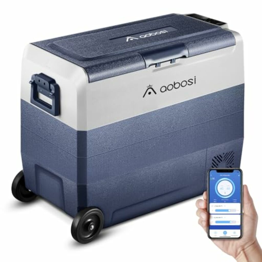 AAOBOSI Kompressor Kühlbox 60L, Kühlbox Auto Mit WIFI-APP-Steuerung, 12/24V und 100-240V Kühlbox Elektrisch, bis -20 °C für Auto, Lkw, Boot, Reisemobil, Camping