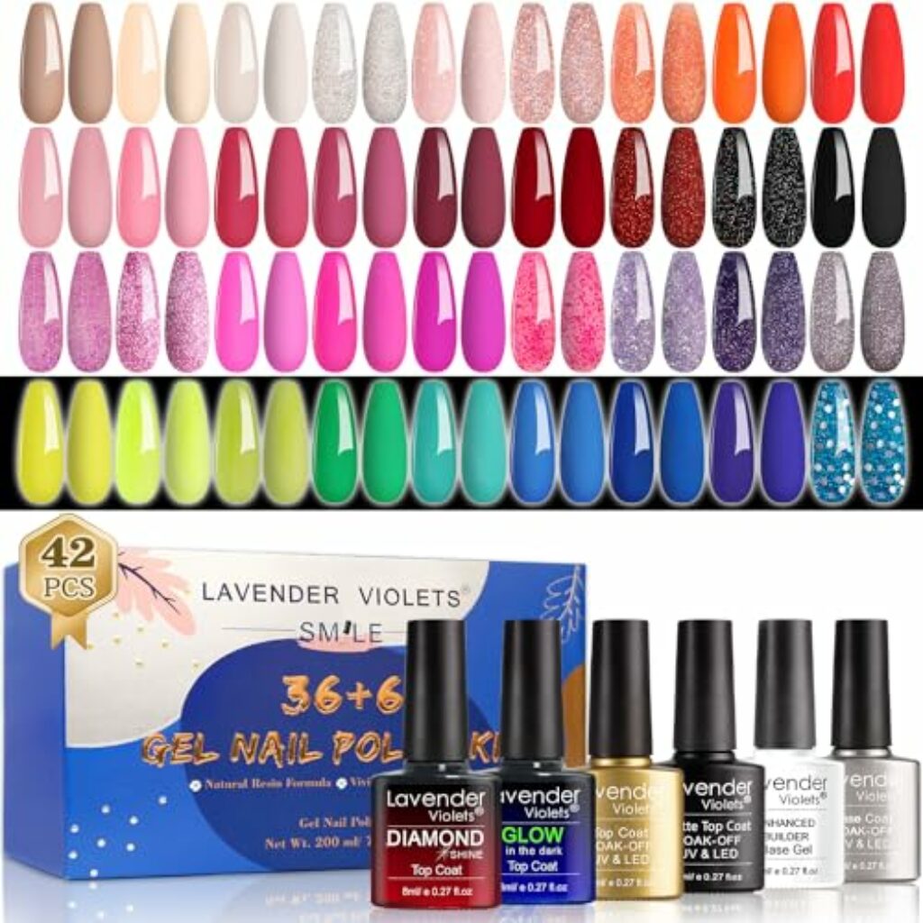 Lavender Violets UV-Gel-Nagellack 42 PCS mit Base und Matte-Glänzende/Diamant/Glow in the dark No Wipe Top Coat Soak Off LED Nägel Maniküre Kit C950