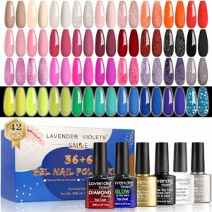 Lavender Violets UV-Gel-Nagellack 42 PCS mit Base und Matte-Glänzende/Diamant/Glow in the dark No Wipe Top Coat Soak Off LED Nägel Maniküre Kit C950