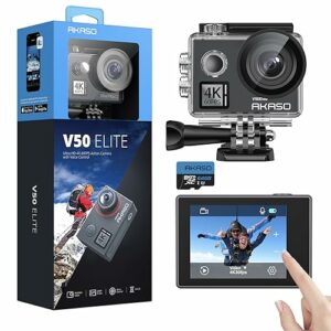 AKASO V50 Elite Action Cam,4K60FPS 20MP Unterwasserkamera mit 64GB U3 Speicherkarte WiFi mit Touchscreen EIS 40M Sportkamera 8X Zoom Sprachsteuerung Fernbedienung Zubehör Kit