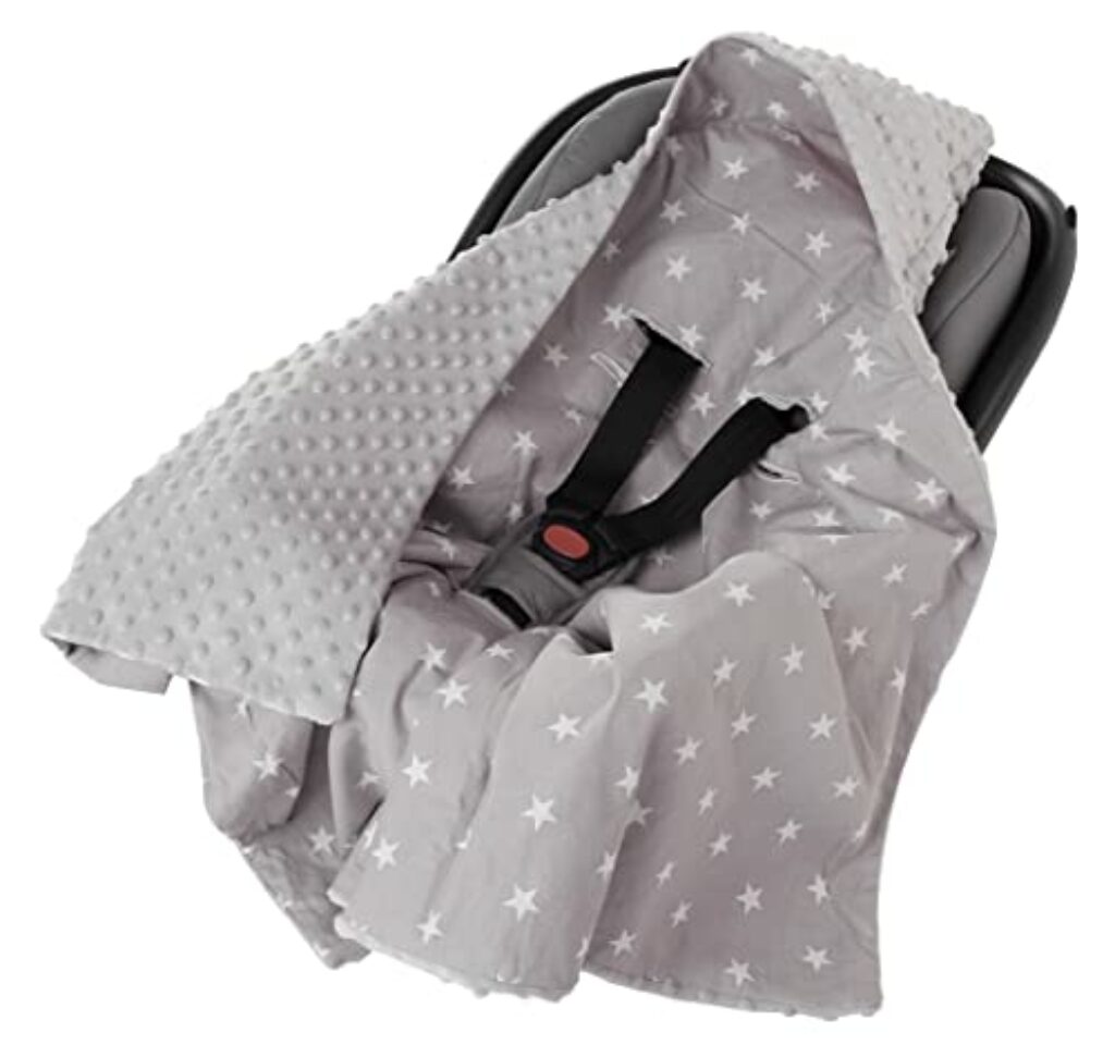 Medi Partners Einschlagdecke 100% Baumwolle 85x85cm Kuscheldecke für Kinderwagen Babyschale universal Baby Decke doppelseitig Babydecke Buggy Autositz (weiße Sterne mit grauen Minky