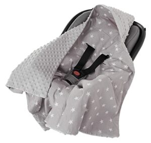 Medi Partners Einschlagdecke 100% Baumwolle 85x85cm Kuscheldecke für Kinderwagen Babyschale universal Baby Decke doppelseitig Babydecke Buggy Autositz (weiße Sterne mit grauen Minky