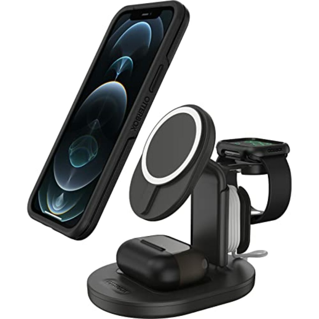 OtterBox kabellose 3 in 1 MagSafe Ladestation, starke Magnetische Ausrichtung und Halt für MagSafe Produkte, elegante Ladelösung für iPhone, Airpods Pro und Apple Watch, Schwarz