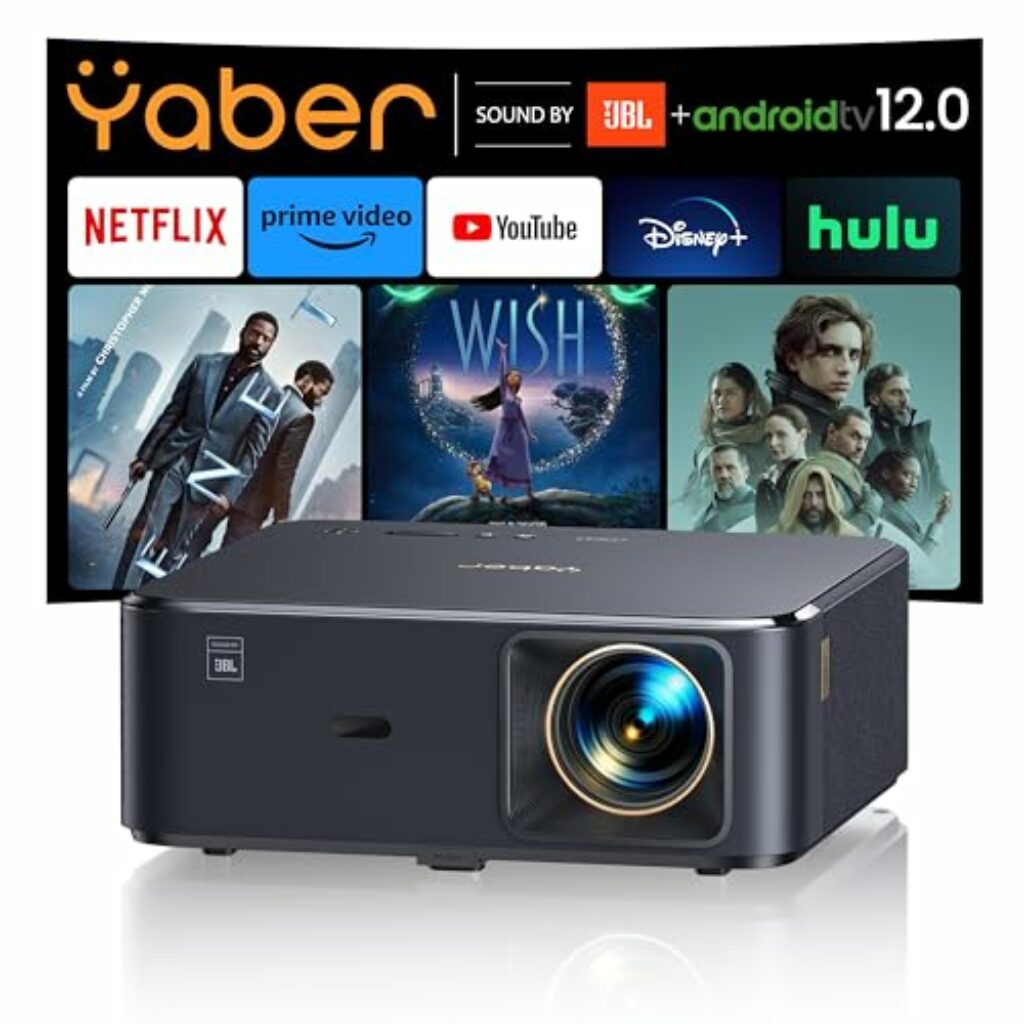 Beamer 4K mit Android TV, Sound by JBL, Dolby Audio, NFC, Autofokus, Auto Trapezkorrektur, WiFi6, Bluetooth, YABER K2s 800 ANSI 1080P Full HD Beamer Heimkino 300" Display Video Projektor Outdoor