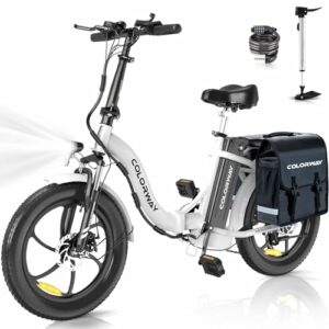 COLORWAY EBike, 20 Zoll Fat Reifen Klapp Elektrofahrrad, 250W Motor, 36V/15AH Batterie, Citybike, maximalen Reichweite von 45-100 Kilometern，7-Gang, mit Gepäckträgertasche., mit Scheibenbremsen.