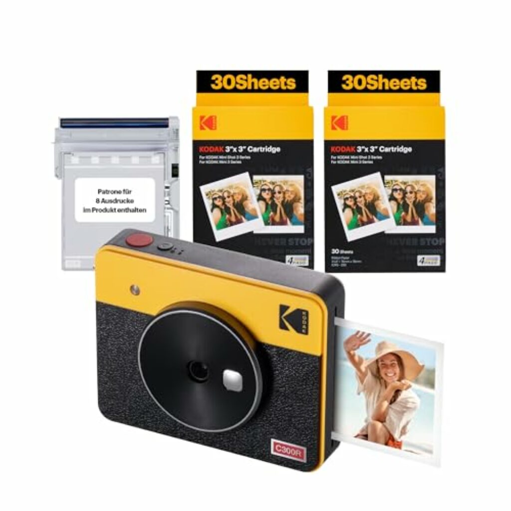KODAK Mini Shot 3 Retro 4Pass 2-in-1 Sofortbildkamera und tragbarer Fotodrucker (7,6 x 7,6 cm) + Paket mit 68 Blättern, weiß