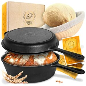 KRUSTENZAUBER 26cm Gusseisen Topf Brot Backen inkl. Gärkorb - Robuster Brottopf zum backen - Ideale Brotbackform mit Deckel, Gusseisenpfanne, Zubehör, Pfanne