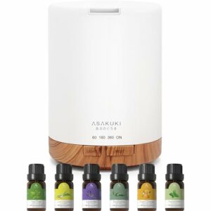 ASAKUKI 300ML Aroma Diffuser mit 6 * 10ML Ätherische Öle Set, Ätherische Öl Diffuser,Ultraschall-Luftbefeuchter für Home Office, 15 Farbe LED mit 4 Timer Einstellung