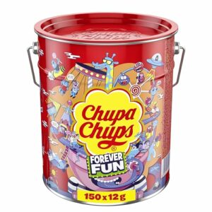 Chupa Chups Best of Lollipop-Eimer, enthält 150 Lutscher in 5 Geschmacksrichtungen in der Pop-Art Metall-Dose, praktische Aufbewahrungs-Dose, ideal für Geburtstag & Weihnachten, 150 x 12g