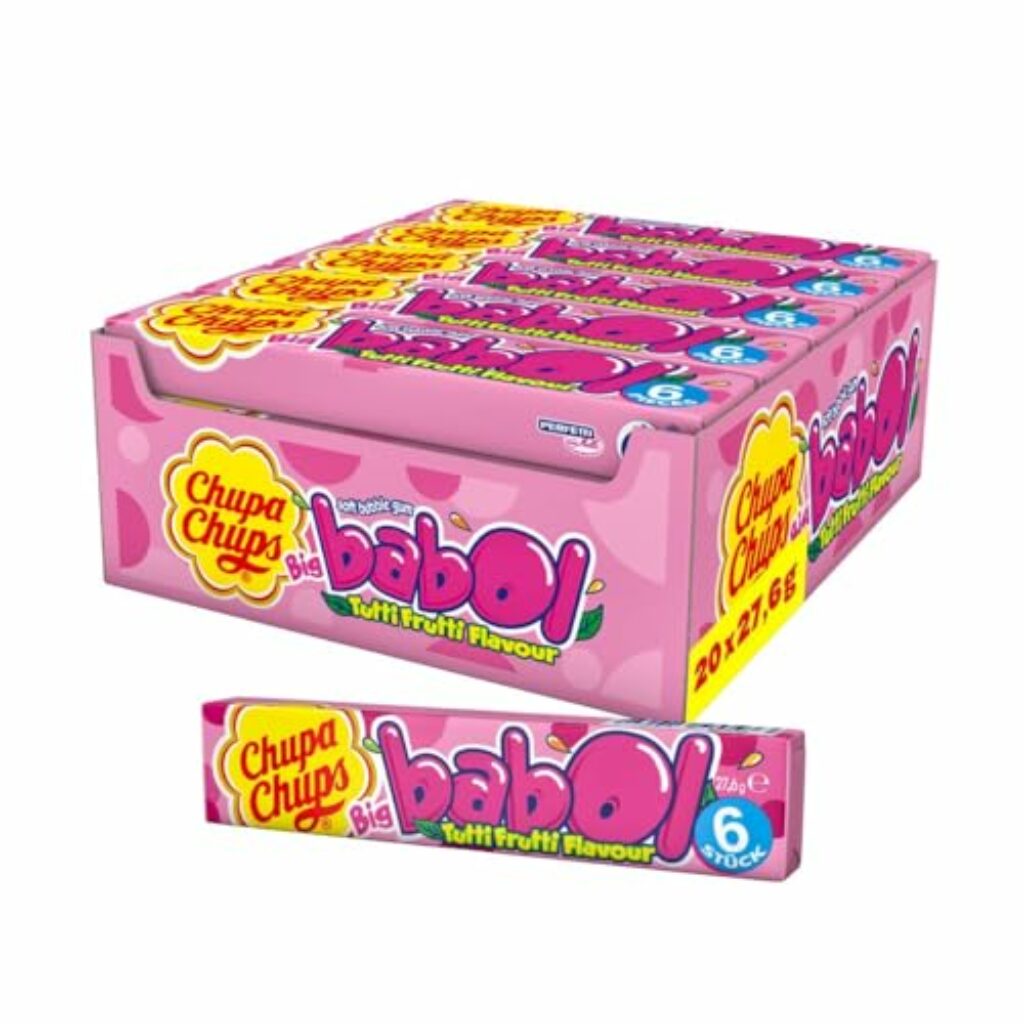 Chupa Chups Big Babol Tutti Frutti Bubble Gum, Theken-Display enthält 20 Stangen Kaugummis mit Frucht-Geschmack, für große Kaugummi-Blasen, 20x27,6g