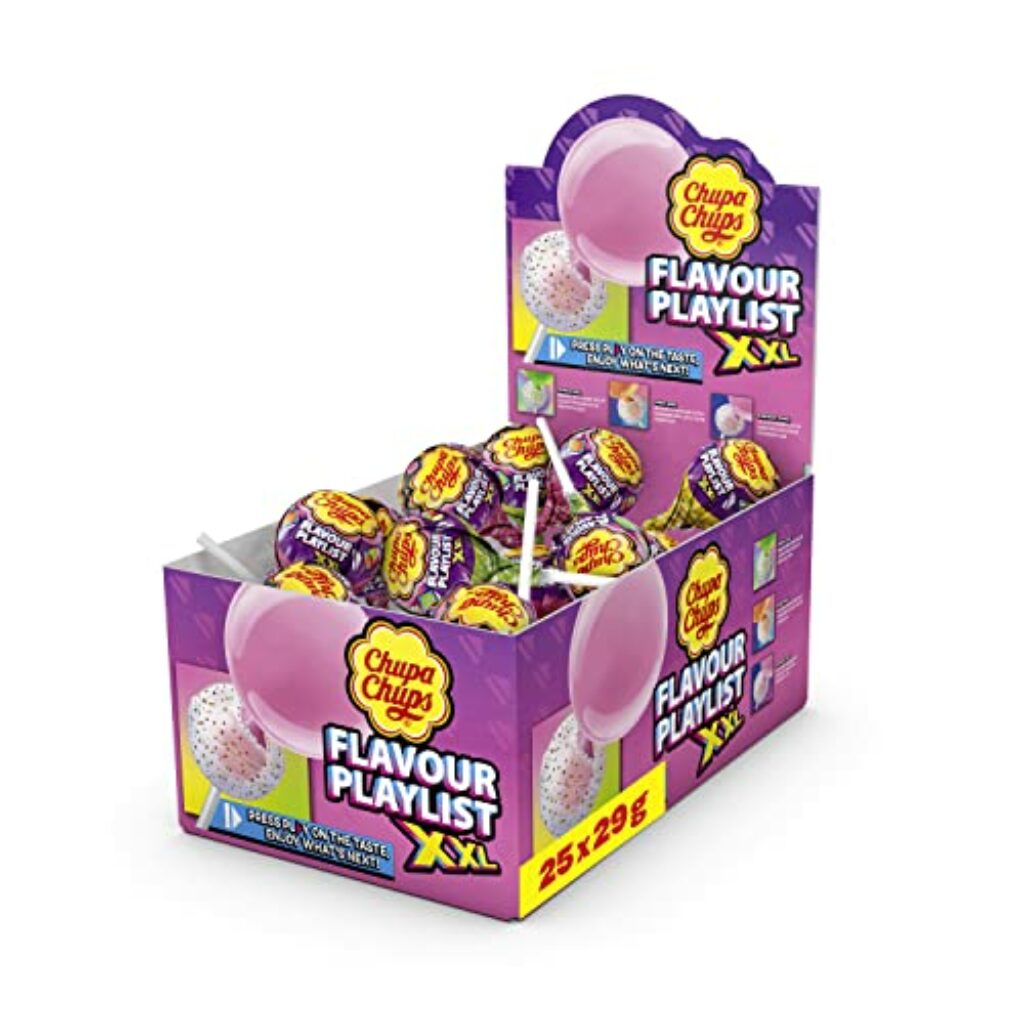 Chupa Chups XXL Flavour Playlist Kaugummi-Lutscher, Thekendisplay enthält 25 Lollis mit fruchtigem Kaugummi-Kern in 3 leckeren Sorten, 25 x 30g