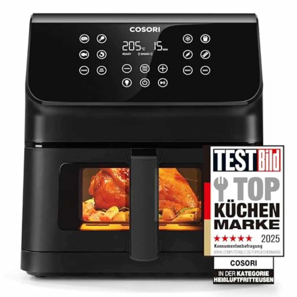 COSORI Heißluftfritteuse Airfryer, 12-in-1 Air Fryer XXL 6,2L, Heissluftfritteuse mit Sichtfenster & Shake-Reminder, 80 Rezepte, 55 Prozent energiesparend, spülmaschinenfeste Körbe