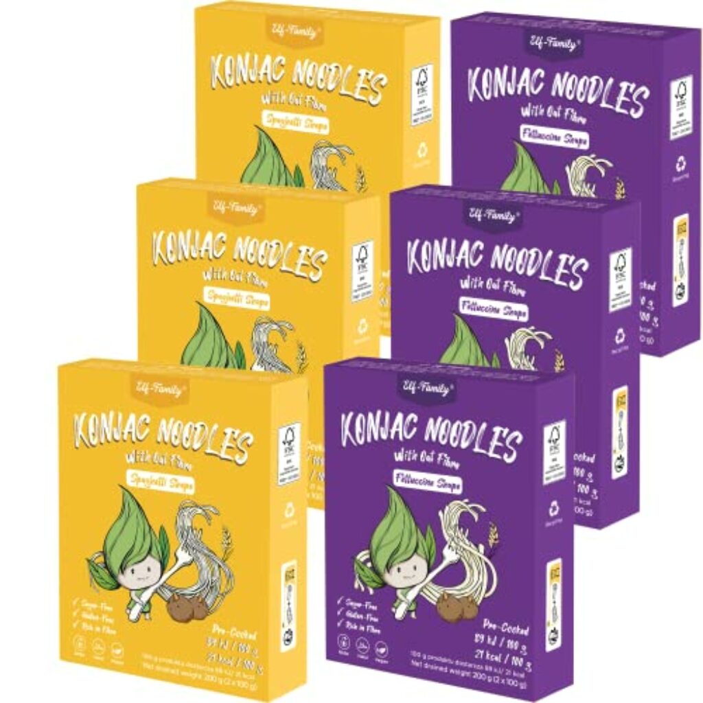 Elf-Family Premium Konjak Nudeln(-90% weniger Kalorienzufuhr) aus Thailand Vegan Glutenfrei-240g x6er Box(12 pack), Shirataki Instant Nudeln Pasta/Keto/Low Carb/Kalorienarme -Spaghetti & Fettuccine