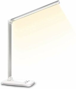 SLATOR Schreibtischlampe LED Dimmbare Tischleuchte 5 Farb und 10 Helligkeitsstufen Nachttischlampe USB-Anschluss für Aufladung des Smartphones Leselicht für Leser, Kinder, QM019, Aluminium, Silver