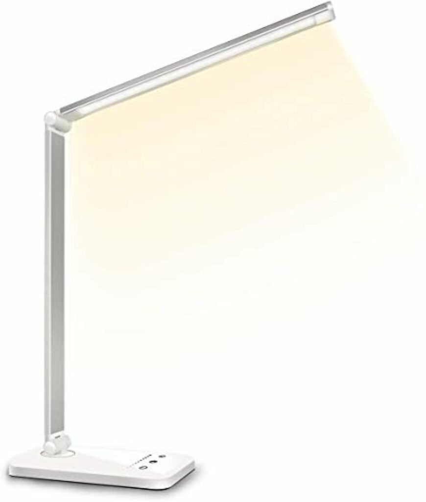 SLATOR Schreibtischlampe LED Dimmbare Tischleuchte 5 Farb und 10 Helligkeitsstufen Nachttischlampe USB-Anschluss für Aufladung des Smartphones Leselicht für Leser, Kinder, QM019, Aluminium, Silver
