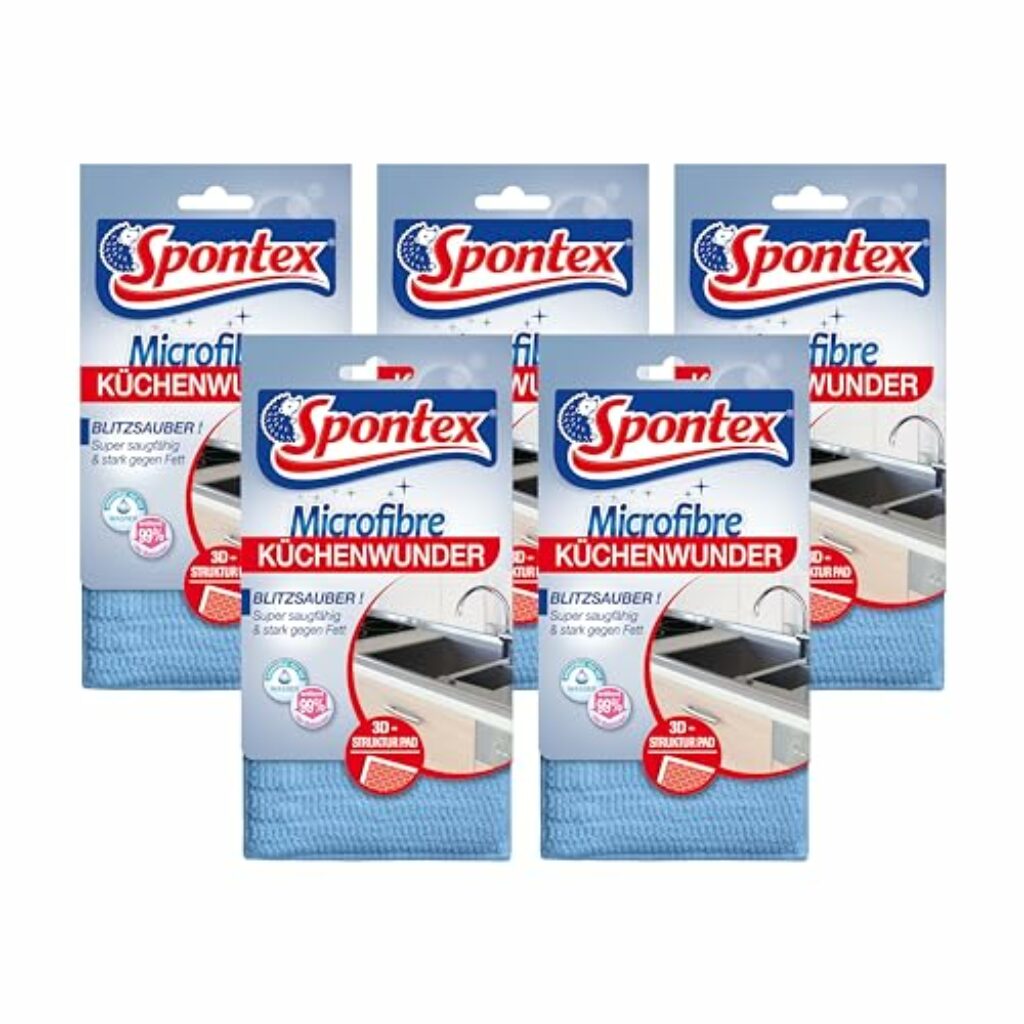 Spontex Microfibre Küchenwunder, 3D Mikrofaser-Pad mit Schwammkern, ideal für alle Küchenoberflächen, effizient gegen Schmutz und Fettrückstände, 5 x 1 Stück