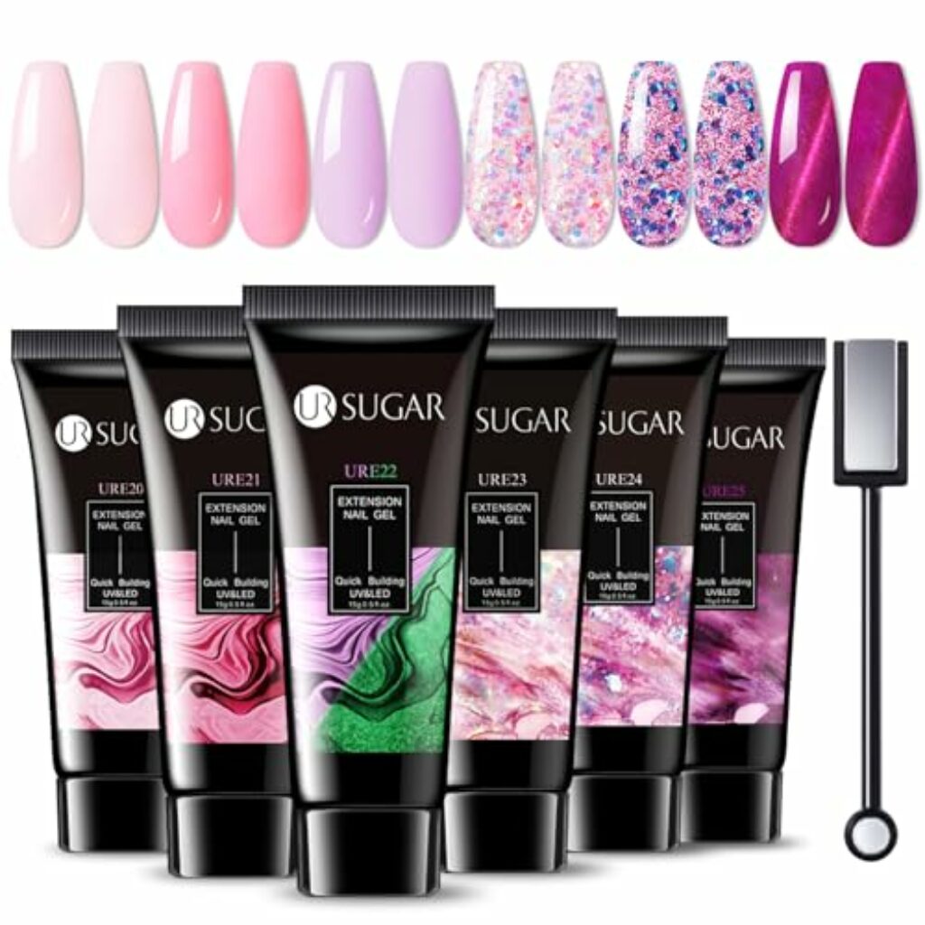 UR SUGAR Polygel Set, Cateye Magnet Poly Extension Gel Nägel Set Nagelverlängerung Builder Gel 6 Farben 15ml Farben Rosa Glitzer Leuchtet im dunkeln Poly Nagel Gel Tuben für Nägel Nagelset