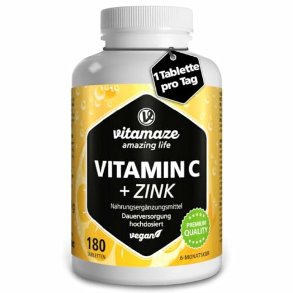 Vitamin C hochdosiert 1000 mg + Zink, vegan & optimal bioverfügbar, 180 Tabletten für 6 Monate, Natürliche Nahrungsergänzung ohne unnötige Zusatzstoffe, Made in Germany