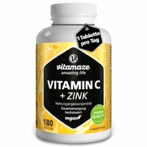 Vitamin C hochdosiert 1000 mg + Zink, vegan & optimal bioverfügbar, 180 Tabletten für 6 Monate, Natürliche Nahrungsergänzung ohne unnötige Zusatzstoffe, Made in Germany