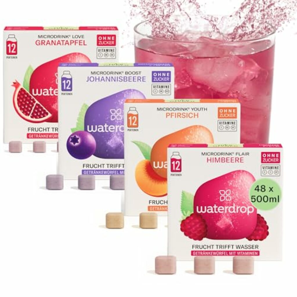 waterdrop® Microdrink Set | 48 Waterdrop Drops Würfel - 4 fruchtige Sorten | Zuckerfreies Getränkpulver | Geschmack für Wasser | kalorienarm mit wertvollen Vitaminen | Brausetabletten | Wasserzusatz