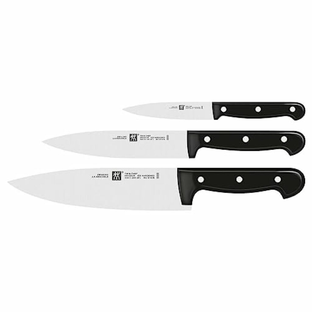 ZWILLING Twin Chef Messer-Set, 3-teilig (Spick-/Garniermesser 10 cm, Kochmesser 20 cm, Fleischmesser 16 cm), Rostfreier Spezialstahl/Kunststoff-Griff im Nietendesign, Schwarz