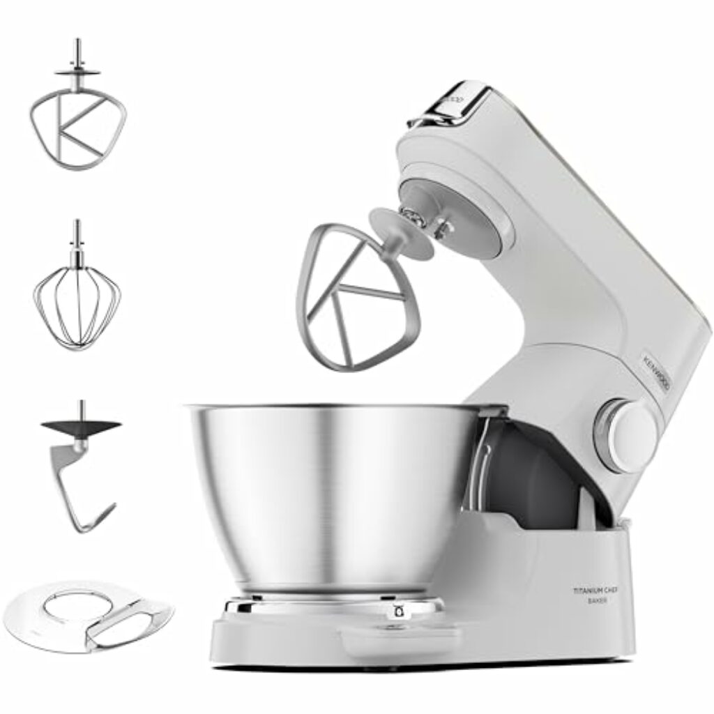 Kenwood Titanium Chef Baker KVC65.001WH, Küchenmaschine mit integrierter Waage, 1200 Watt, inkl. 3-teiligem Patisserie-Set, Spatel & Spritzschutz, Weiß