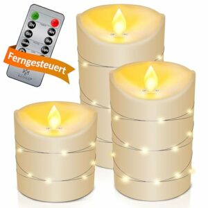 KESSER® LED Kerzen 3er Set Flammenlose Kerze Timerfunktion Timer Echtwachskerze 10cm 12,5cm 15cm Hoch Realistisch Flackernde Flacker-Licht Led-Flammen Echtwachs Deko Traditionell