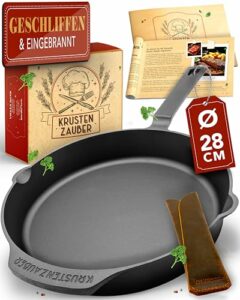 KRUSTENZAUBER Gusseisenpfanne Induktion 28cm inkl. Anleitung und Rezeptbuch - Geschliffene Pfanne Gusseisen, Eisenpfanne, Cast Iron Pan, Gusspfanne, Gusseiserne Pfanne, Gusseisen-Pfanne, Gusspfanne