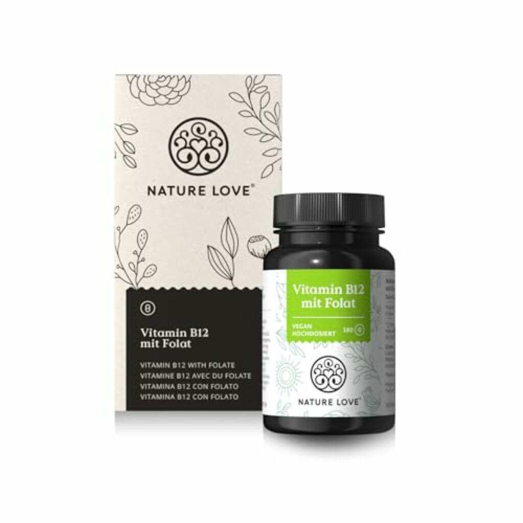 NATURE LOVE® Vitamin B12 Vegan - 500 µg pro Tagesdosis - 180 Tabletten - Beide aktive Formen Adenosyl- & Methylcobalamin + Depot + Folat 5-MTHF aus Quatrefolic® - Hochdosiert und laborgeprüft
