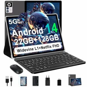 ZIOVO Tablet 10 Zoll Android 14 Tablet, 22GB RAM+128GB ROM(TF 1TB), 5G WLAN, Octa-Core, Widevine L1, 8000mAh, BT 5.0, 5MP+8MP, GPS, Tablet mit Tastatur, Maus - Schwarz