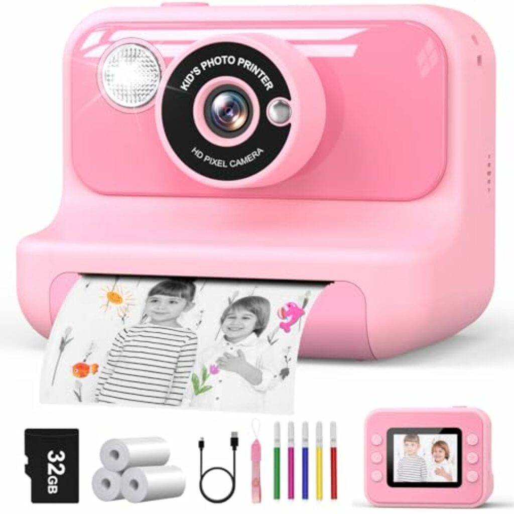 Hangrui Sofortbildkamera Kinder, 2,4 Zoll Bildschirm Kinderkamera Sofortbildkamera mit 32G Karte & Druckpapier, 1080P Kamera Kinder Sofortdruck mit Farbige Stifte, Geschenk für Kinder 3-12 Jahren