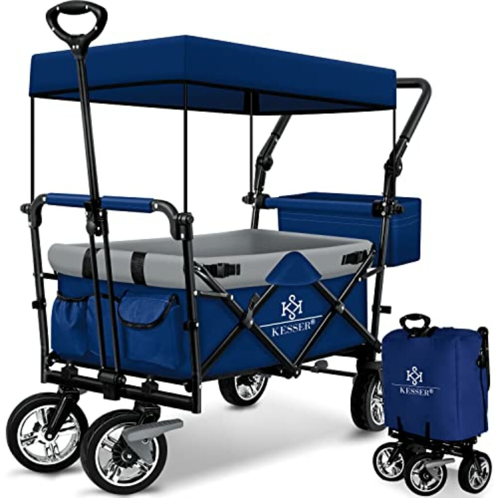 KESSER® Bollerwagen faltbar GT9000 mit Dach Handwagen Transportwagen | inkl. 2X 3-Punkt Gurtsystem| klappbar | Vollgummi-Reifen | bis 80 kg | Vorder- und Hinter-Bremse + Tragetasche, Blau/Grau