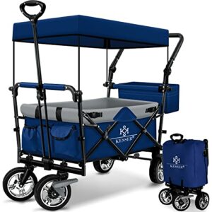 KESSER® Bollerwagen faltbar GT9000 mit Dach Handwagen Transportwagen | inkl. 2X 3-Punkt Gurtsystem| klappbar | Vollgummi-Reifen | bis 80 kg | Vorder- und Hinter-Bremse + Tragetasche, Blau/Grau