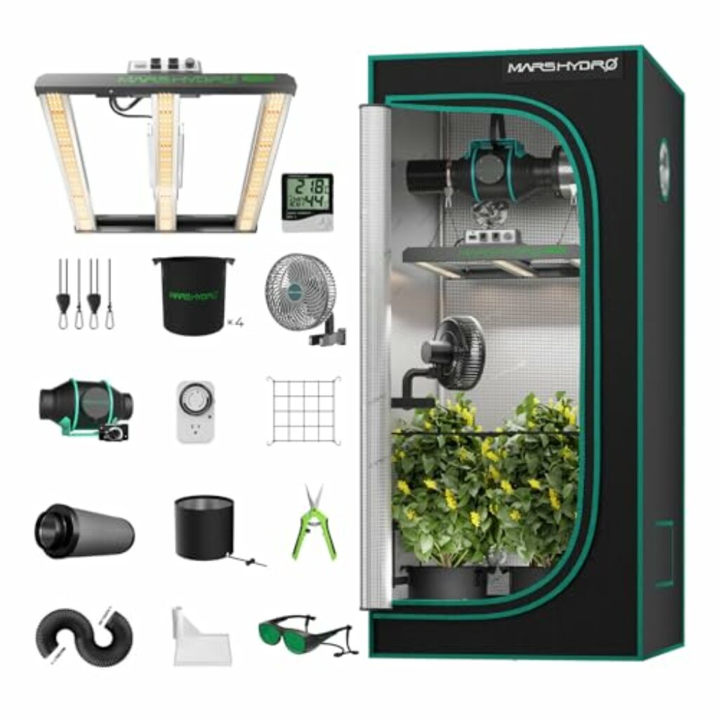 MARS HYDRO FC1500 Growzelt Komplettset Samsung 301H EVO Led Grow Lampe Light Vollspektrum Dimmbarer Pflanzenlampe mit Hydroponics 1680D 80X80X160cm Growtent Indoor Grow Set mit 4" Belüftungssat