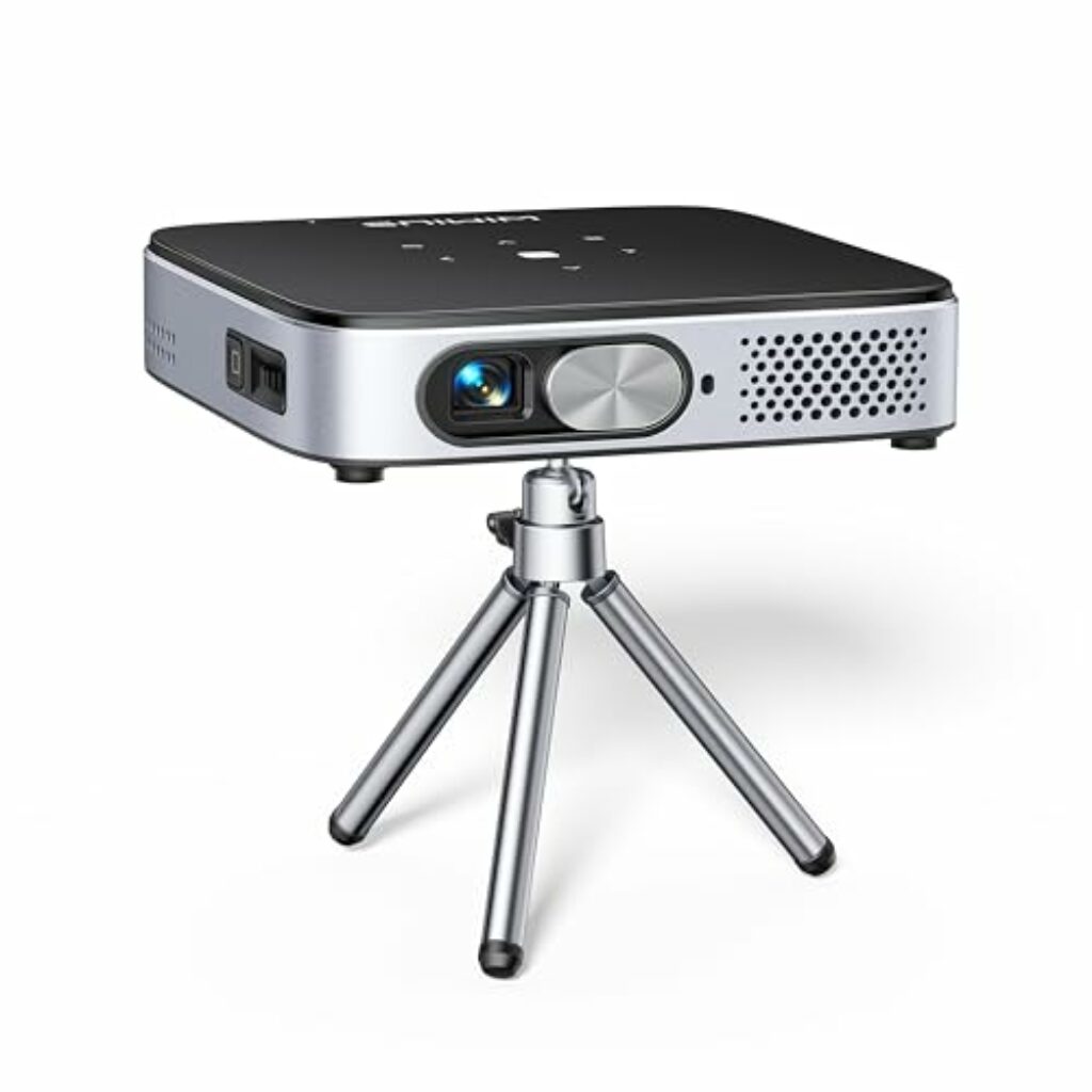 Mini Beamer, Android 11.0 DLP Ultrakurzdistanz Smart Beamer mit Akku, WiFi6 Bluetooth Portabler Beamer 1080P Full HD Unterstützung, Staubdicht Projektor Handy für Outdoor/Heimkino