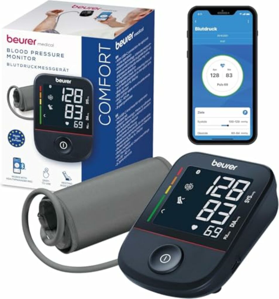Beurer BM 48 Oberarm Blutdruckmessgerät, einfache Bedienung mit nur einem Knopf, sanfte und schnelle Messung, Arrhythmie-Erkennung, großes Display, mit App-Anbindung, Manschette für 22-42 cm
