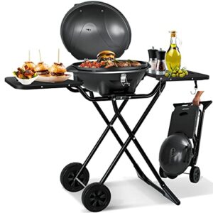 KESSER® elektrischer Elektrogrill 2in1 Tischgrill - Standgrill mit Deckel und Standfuß | max. 2400 Watt | Faltbar | Thermostat | Antihaftbeschichtung | Grillplatte Abstelltische | 2 Räder |