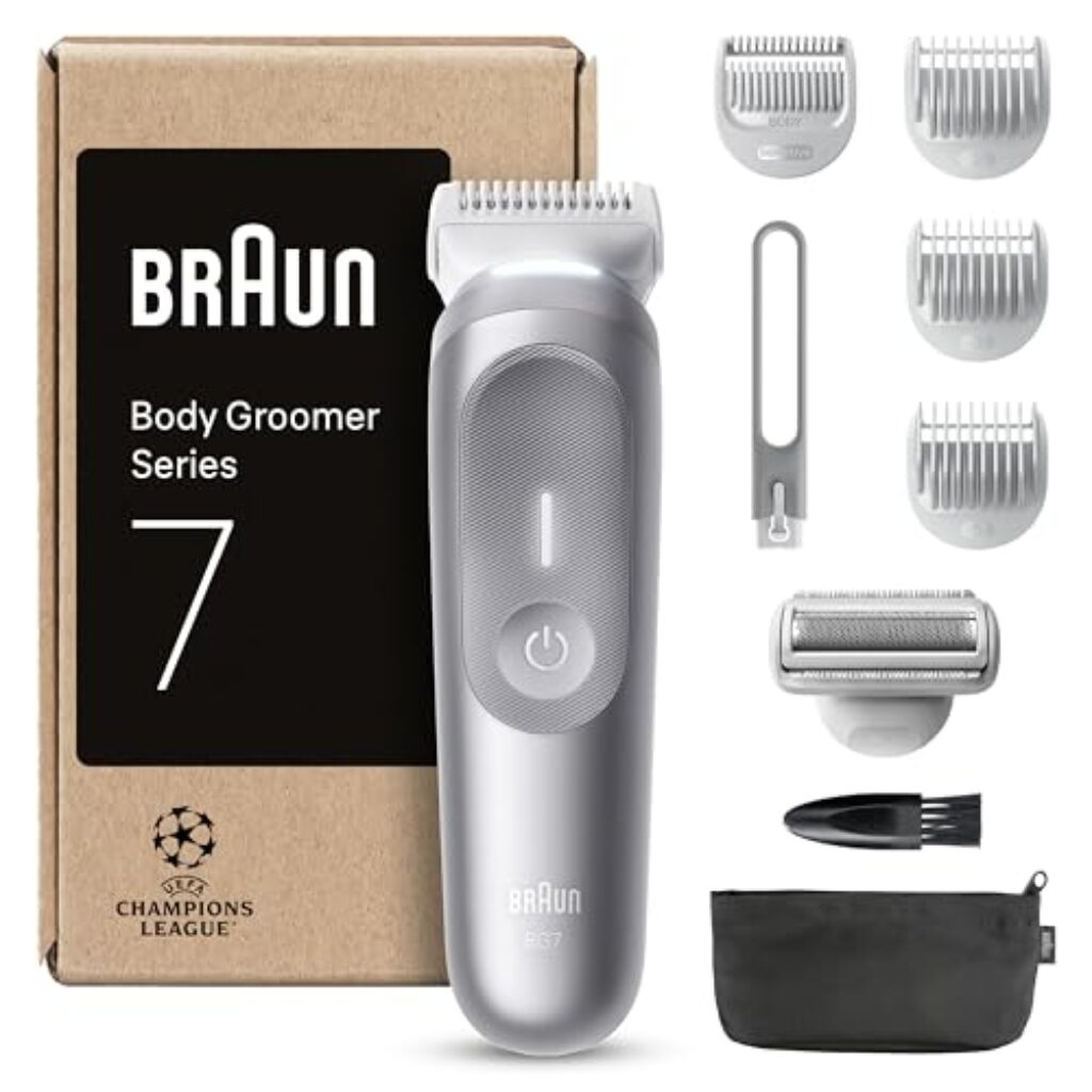 Braun Bodygroomer Series 7, +8 Zubehörteile, mit Smartlight & SkinGuard, 100 Min Akku, Sanft in empfindlichen Bereichen, Trimmen & Rasieren mit SensitiveTrim-Aufsatz, wasserdicht, BG7555, Grau