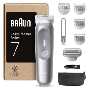 Braun Bodygroomer Series 7, +8 Zubehörteile, mit Smartlight & SkinGuard, 100 Min Akku, Sanft in empfindlichen Bereichen, Trimmen & Rasieren mit SensitiveTrim-Aufsatz, wasserdicht, BG7555, Grau
