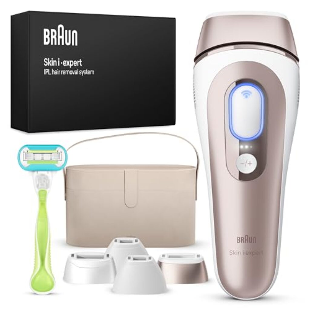 Braun Smart IPL Skin i·expert, Alternative zur Laserhaarentfernung für zu Hause, gratis App, Aufbewahrungsbox, Venus Rasierer, 4 Aufsätze für Gesicht & Körper, 1,5 Jahre seidig-glatte Haut, PL7387