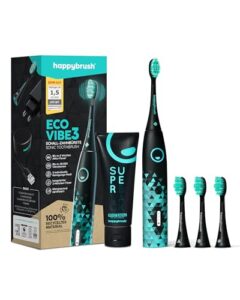happybrush [Testsieger*] Elektrische Zahnbürste ECO VIBE 3 Schwarz/Mint - Schallzahnbürste mit 6 Wochen Power-Akku inkl. 3 Aufsteckbürsten, Aktivkohle Zahnpasta, von Zahnexperten empfohlen