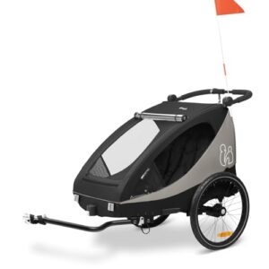 hauck Fahrradanhänger & Kinderwagen Dryk Duo Plus mit Federung, für 2 Kinder (6-48 Monate), inkl. Deichsel, Buggyrad, Fahne und LED Licht, Faltbar, Höhenverstellbar, XL Kofferaum (Black)