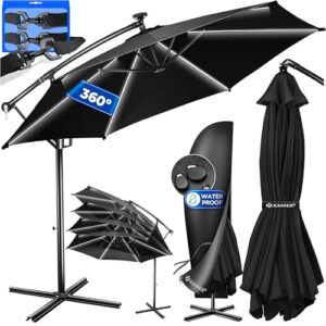KESSER® Alu Ampelschirm LED Solar Ø350cm Inkl. Abdeckung Fernbedienung Kurbelvorrichtung Kurbelschirm mit Ständer 360° Funktion UV-Schutz Aluminium Wasserabweisend Garten-Schirm Marktschirm Schwarz